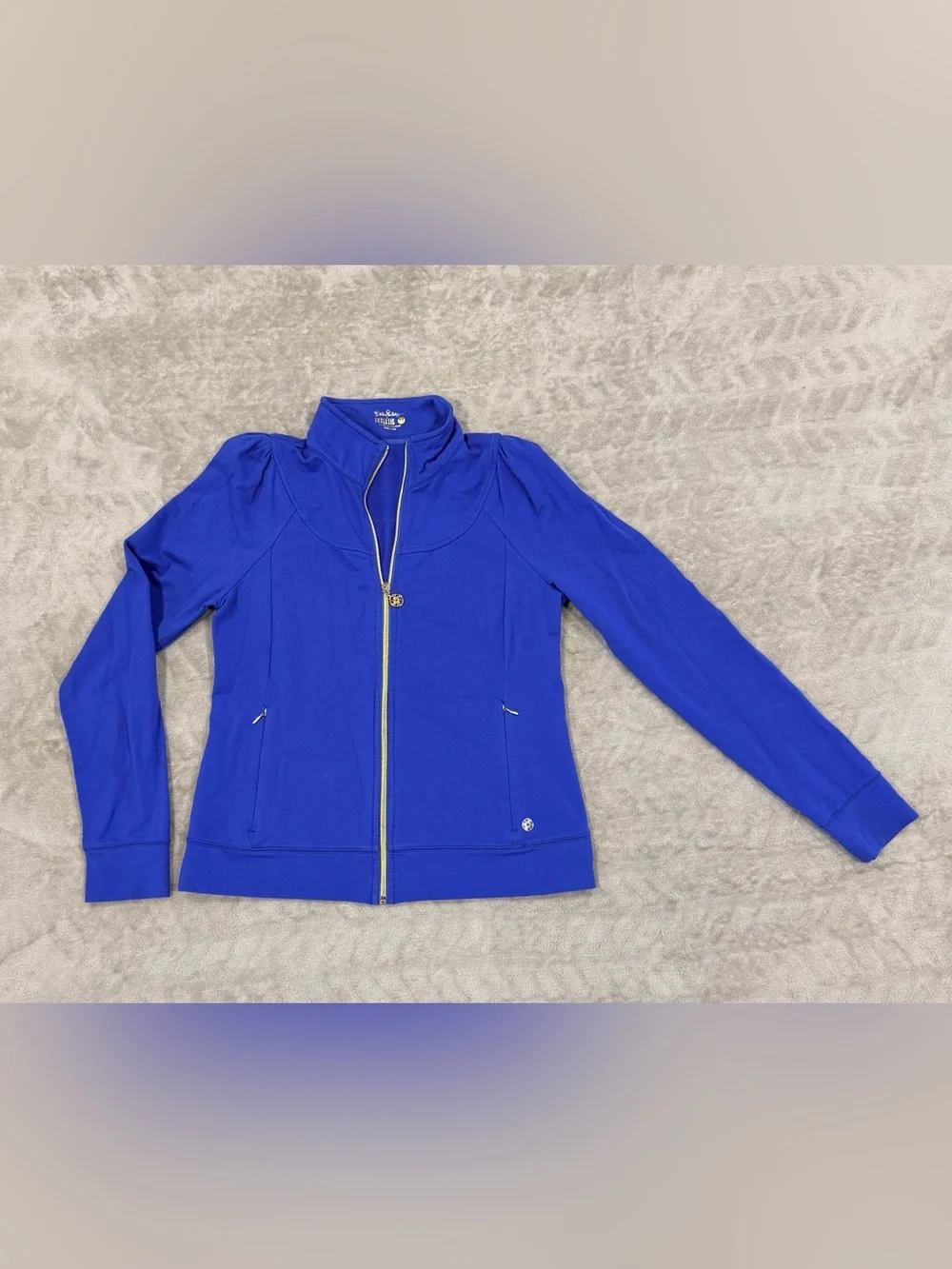 Lilly Pulitzer Luxletic Womens M Blue Full Zip Puff Sleeve Jacket Gold Hardware